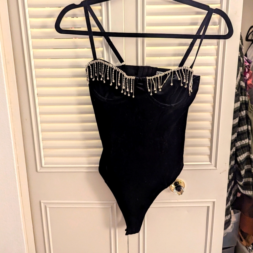 Black body suit with rhinestone